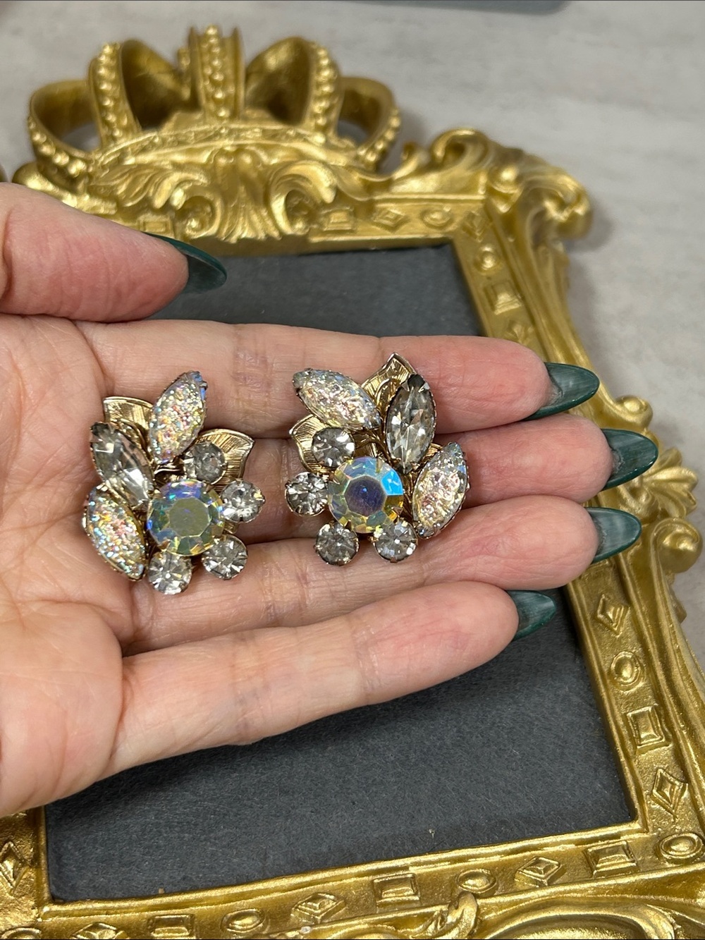 Vintage Judy Lee Aurora Crystal Floral Clip-On Earrings - Gold Tone